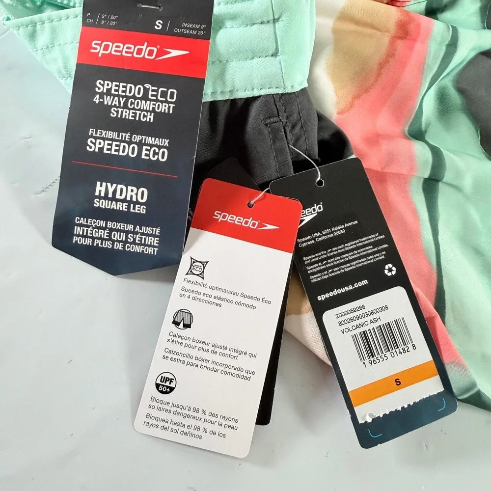 Speedo Eco Hydro Square Leg Swim Board Shorts Volcanic Ash Striped Small NWT‎